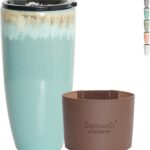 Bosmarlin Ceramic Travel Coffee Cup with Lid, 21 oz, Portable Coffee Mug for Car Cup Holder, Microwave Safe, Reactive Glaze (Peacock Blue)