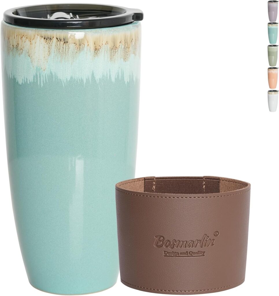 Bosmarlin Ceramic Travel Coffee Cup with Lid, 21 oz, Portable Coffee Mug for Car Cup Holder, Microwave Safe, Reactive Glaze (Peacock Blue)