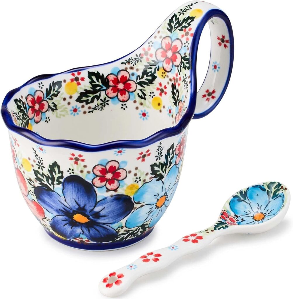 Ceramic Soup Cup and Soup Bowl With Handles – 18 Ounce With Spoon,Handpainted Decorative Oversized Porcelain Bowl,for soup, Ice Cream, Stew, Snacks,Microwave and Dishwasher Safe (Glazed Blue)