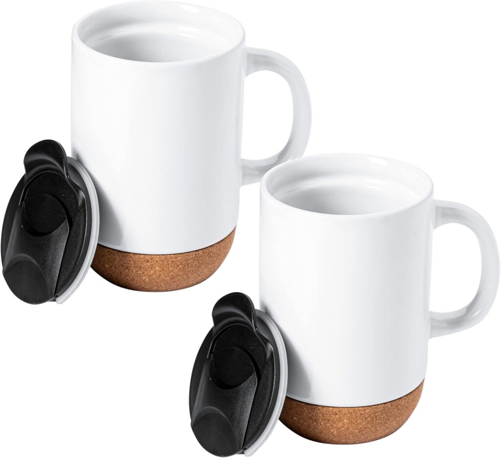 Gibson Home Modani 2 Pack Large 16.5 OZ Ceramic Mugs Set with Removable Cork Bottom and Lid – White