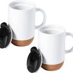 Gibson Home Modani 2 Pack Large 16.5 OZ Ceramic Mugs Set with Removable Cork Bottom and Lid – White