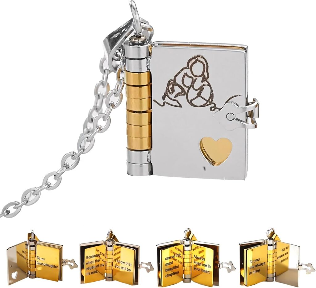 Granddaughter Book Necklace With 6 Pages Engraved Information,Granddaughter Gifts From Grandma