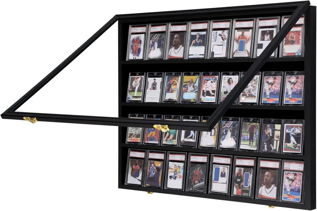 VERANI 36 Baseball Card Display Case – Graded Sports Card Display Frame – Holds Sport Cards with UV Protection Clear View Lockable Wall Cabinet for Football Basketball Hockey Trading Card Large Black