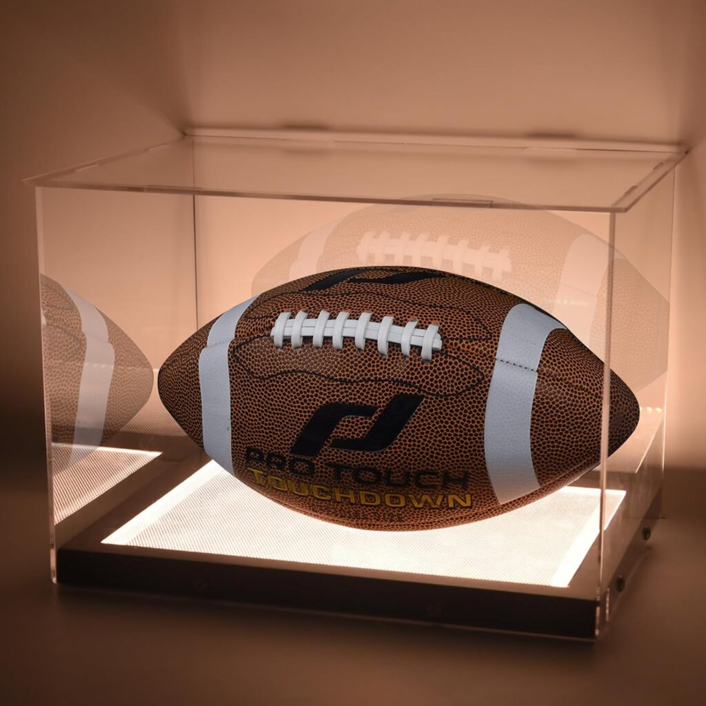 Football Display Case with Built-in Dimmable LED Lights Clear Acrylic Football Display Holder Box, UV-Protective Dust-Proof, Lighted Football Memorabilia Display Case