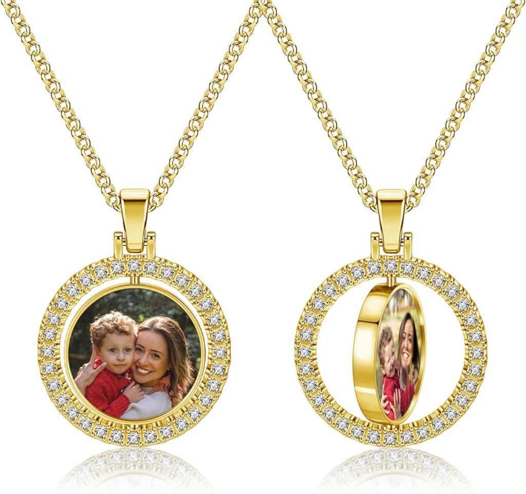 PiercingJ Customized Double-Side Photo Necklace Custom Picture Pendant Chain Personalized Cubic Zirconia Hip Hop Jewelry Gift for Men Women with Gift Box