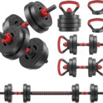 OLIXIS Adjustable Dumbbell Set, 4 IN 1 Changeable Dumbbells, Barbell, Kettlebells and Push Up Stand, Multi-Functional Exercise and Fitness for Home Gym