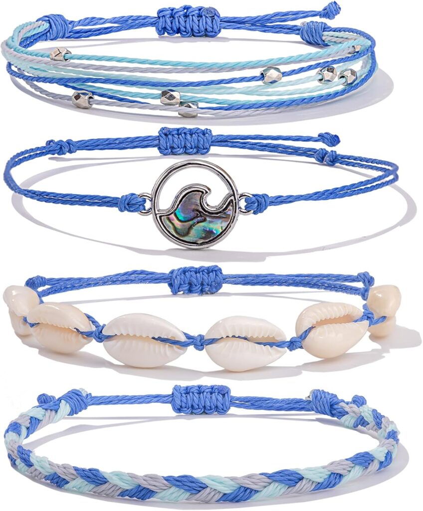 FANCY SHINY Wave String Bracelets Braid Puka Shell Bead Bracelets Handmade Cute Trendy Boho Easter Jewelry Gifts for Women