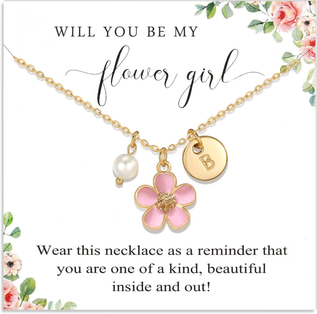 Flower Girl Proposal Gifts, Personalized Initial A-Z Letter Daisy Flowers Necklace Wedding Bridal Party Favors for Flower Girl