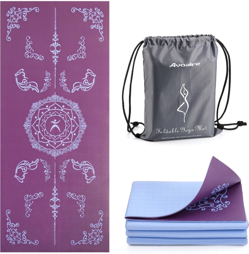 Avoalre Folding Yoga Mat, 72″x 32″x 0.24″ Extra Wide Non-Slip Exercise Fitness Yoga Mats, Eco-Friendly High Density 6mm Thick Print Pilates Mat with Carrying Bag for Women Men Home Workout