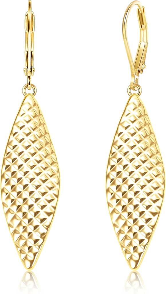 ALEXCRAFT 14K Gold Long Dangle Earrings for Women,Sterling Silver Drop Leverback Earrings Trendy Hypoallergenic Gold Hammered French Hook Earings Handmade Leaf Dangle Earings for Women Jewelry Gifts