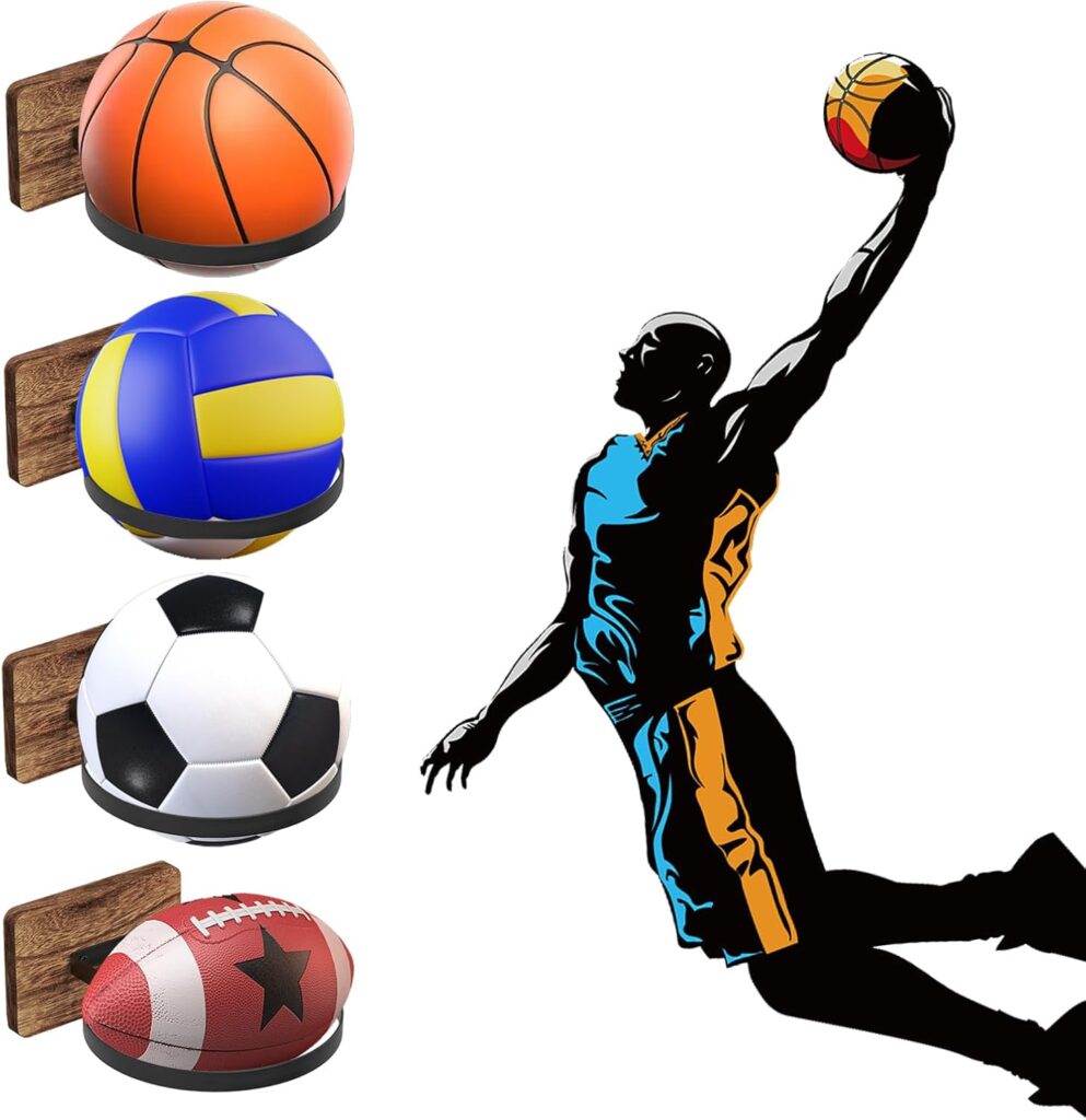 4 Pcs Wood & Metal Wall Mount Basketball Holder, Ball Storage Holders Display Rack, for Basketball, Soccer, Volleyball, Football, Rugby, Boys Room Decor