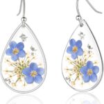 Forget Me Not and Queen Anne’s Lace Pressed Wildflower Earrings, Dainty Sterling Silver Drop Dangle Earrings for Women