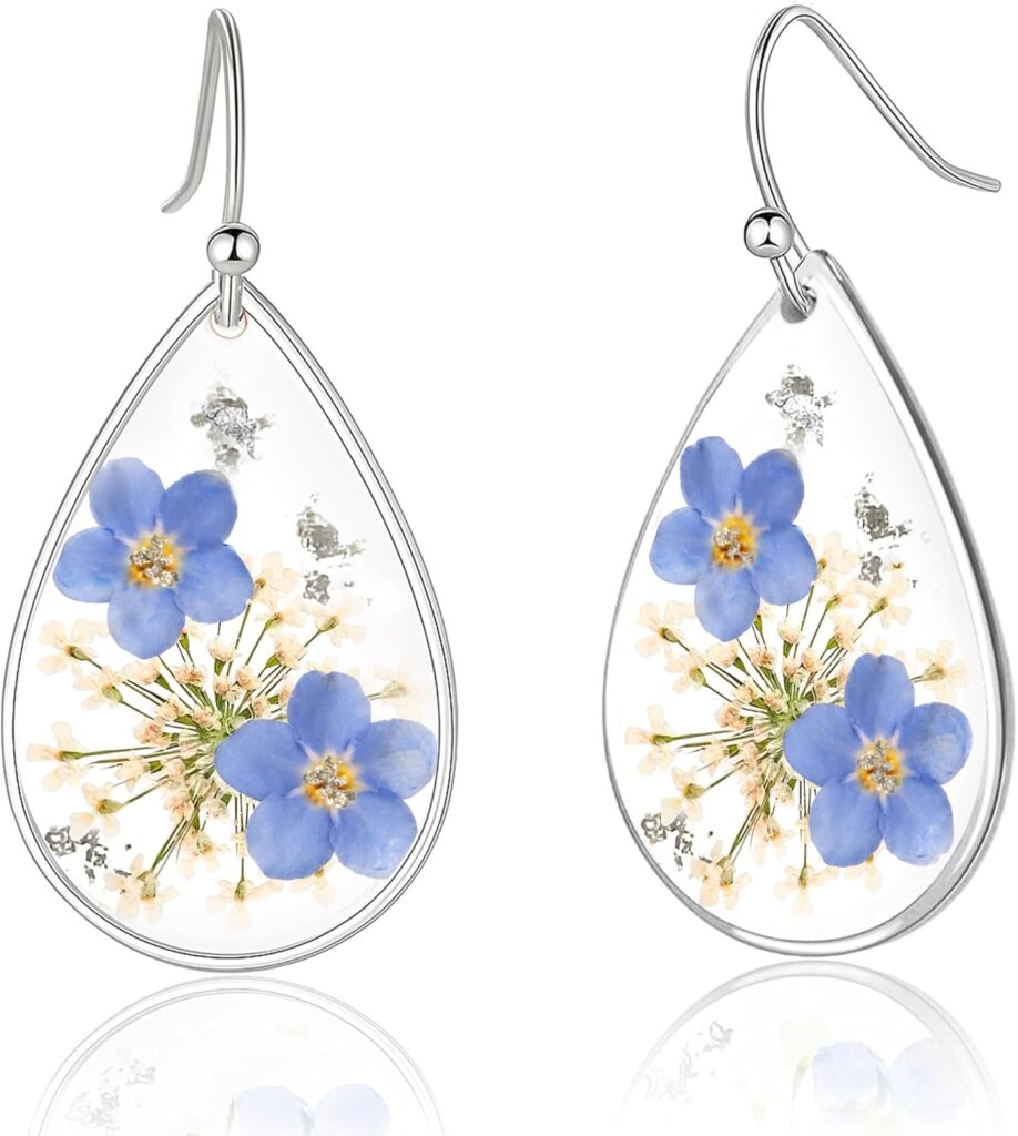 Forget Me Not and Queen Anne’s Lace Pressed Wildflower Earrings, Dainty Sterling Silver Drop Dangle Earrings for Women