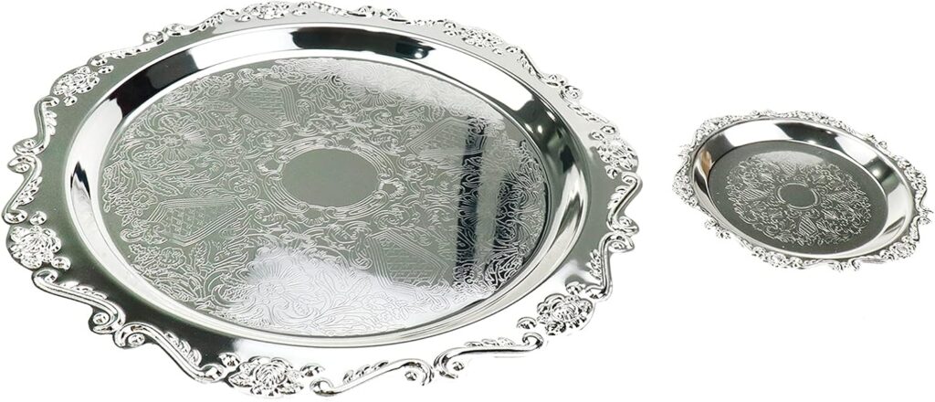 Quluxe Round Platter Serving Tray Metal Reusable Decorative Appetizer Platter Dessert Plate for Kitchen Party Centerpiece Display, 2 Pcs Silver (4 Inch+10 Inch)