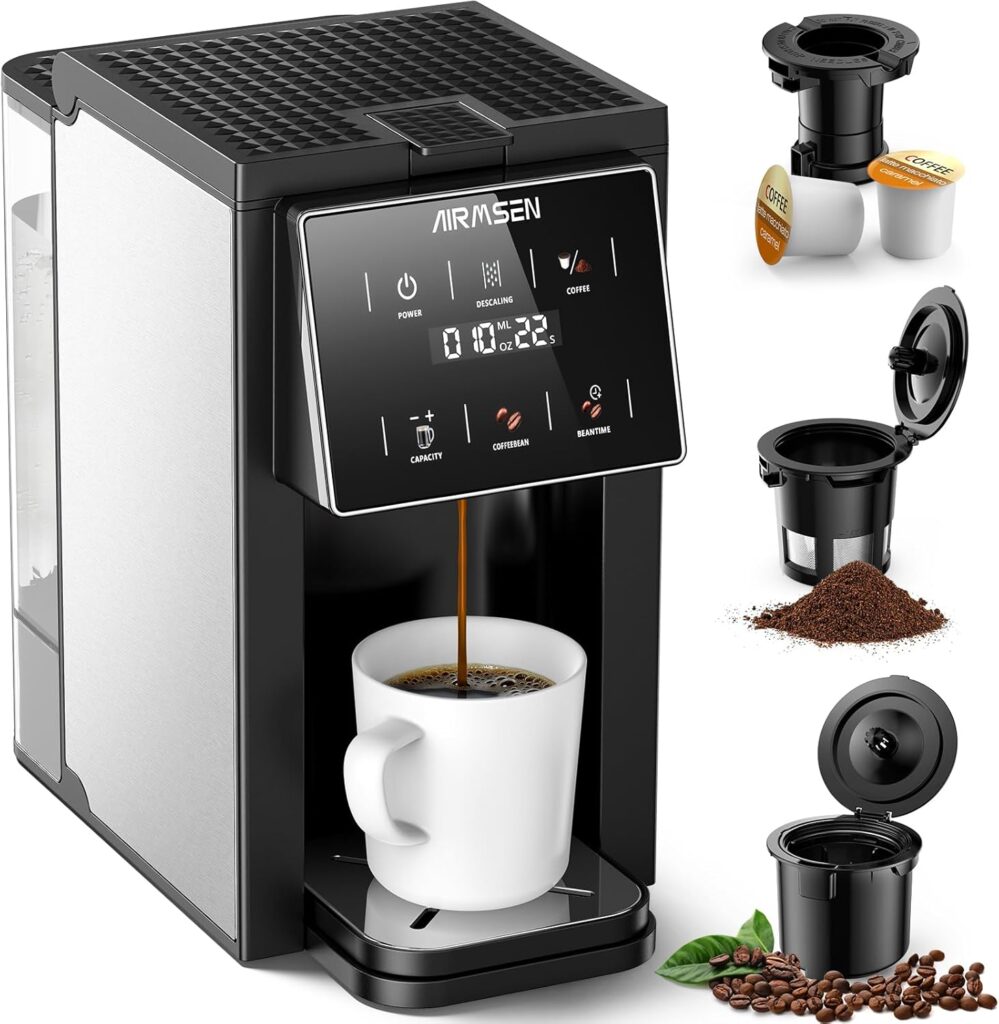 AIRMSEN Grind & Brew Coffee Maker with Grinder – Single Serve Machine Compatible with K-Cup Pods & Ground, 1000W Fast 6-14oz Brewer, Descaling Alert, Touchscreen & 50oz Removable Tank