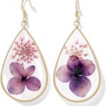 OZEL Pressed Flower Earrings 14K Real Gold Plated Teardrop Circle Dangle Earrings for Women Girls (Made in Korea)