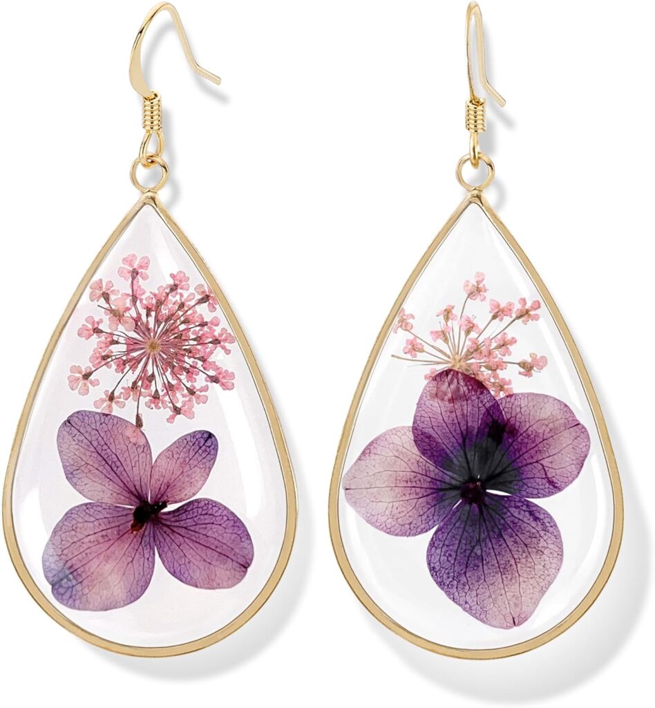 OZEL Pressed Flower Earrings 14K Real Gold Plated Teardrop Circle Dangle Earrings for Women Girls (Made in Korea)