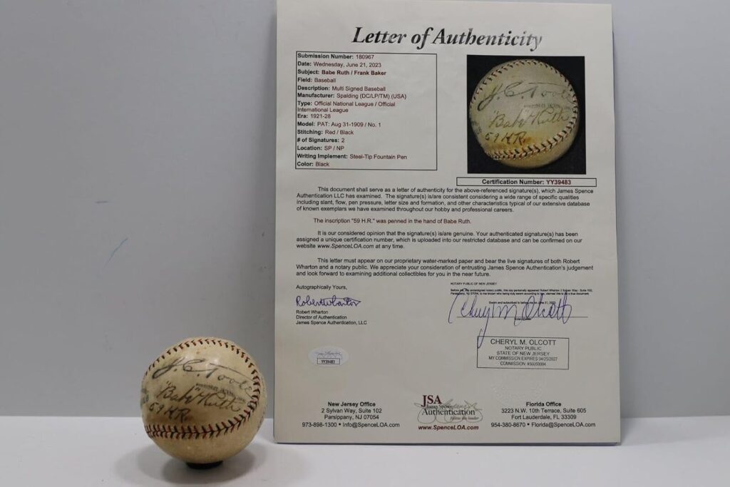 BABE RUTH w/59 H.R. & FRANK HOME RUN BAKER SIGNED SPALDING JToole BASEBALL JSA – Autographed Baseballs