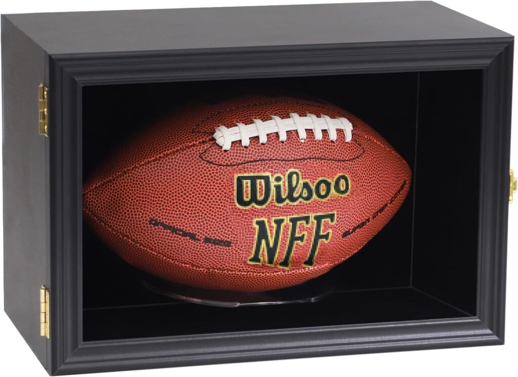 Football Case Display Case Wall Mount Full Size Wooden Football Box Memorabilia w/98% UV Acrylic Door Holder Transparent Signed Protective Shelf (1 Ball Black)
