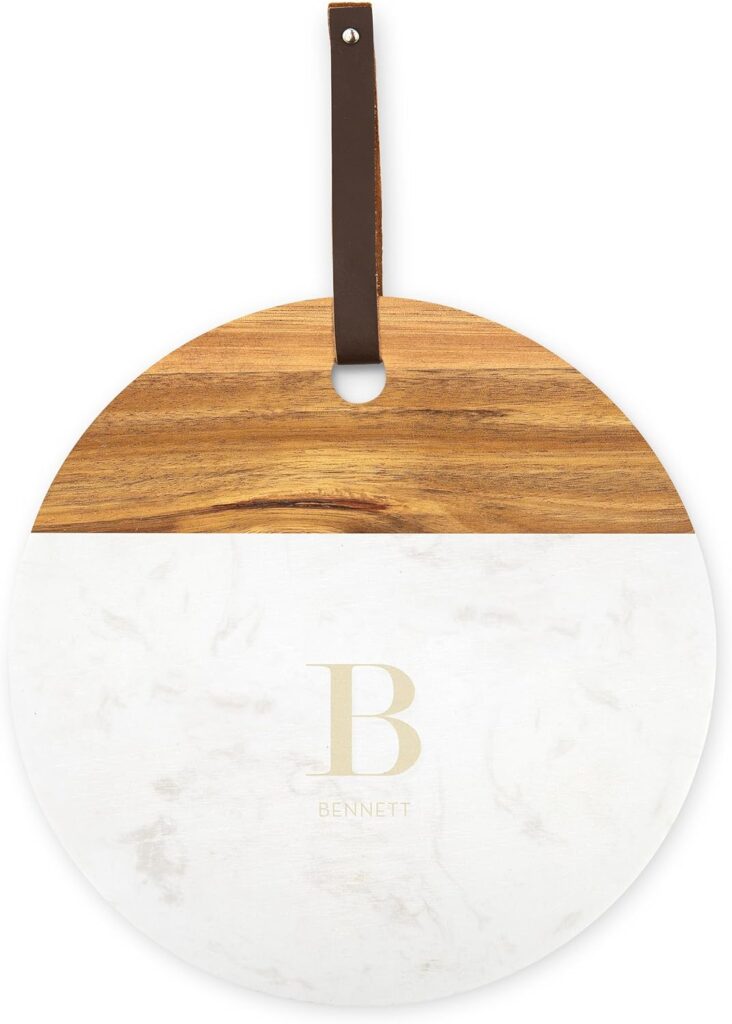 Weddingstar Custom Engraved Circular Wooden Acacia Plank & Marble Cutting Board Serving Tray – Serif Monogram