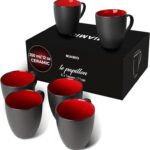 MIAMIO – Set of 6 Stoneware Coffee Mugs 12 Ounce/Cup Set – Le Papillon Collection (Black-Red)