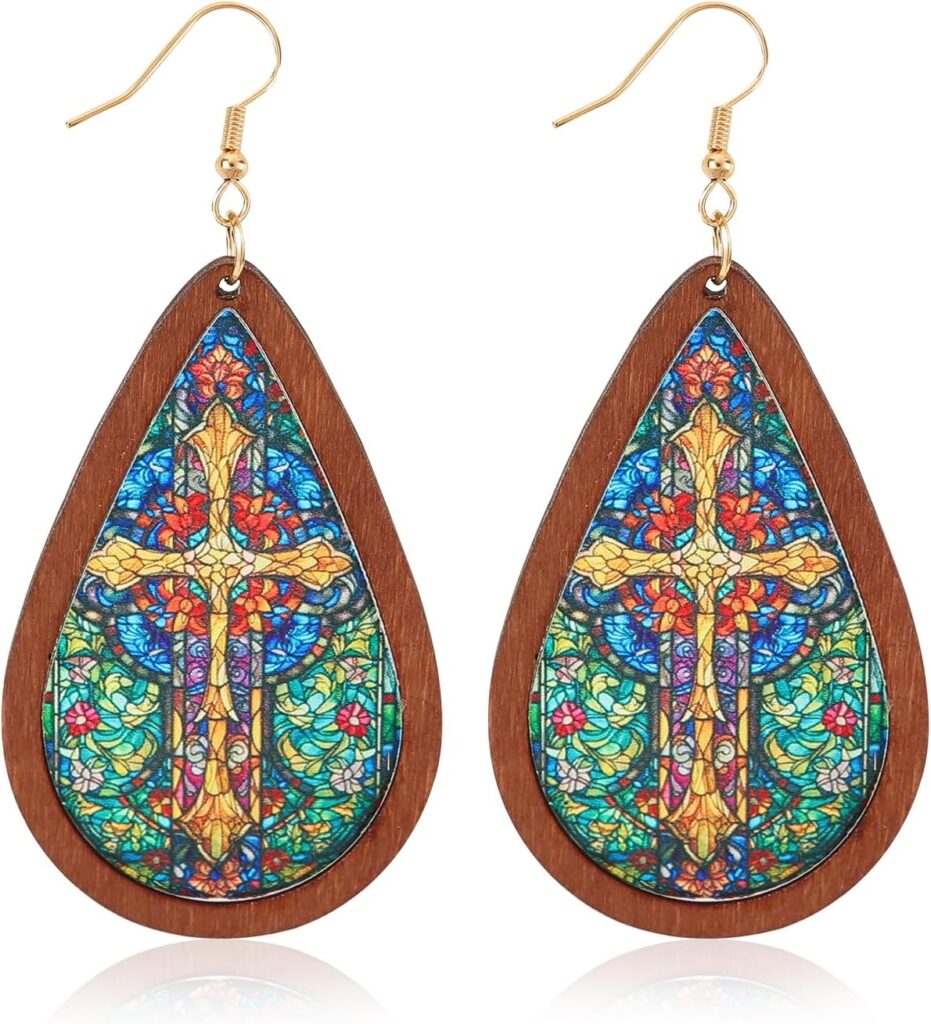Bohemian Wood Teardrop Earrings for Women Acrylic Colorful Teardrop Dangle Earrings Handmade Natural Wooden Earrings Boho Geometric Flower Leaf Cross Earrings Statement Lightweight Ethnic Earrings Vintage Retro Jewelry