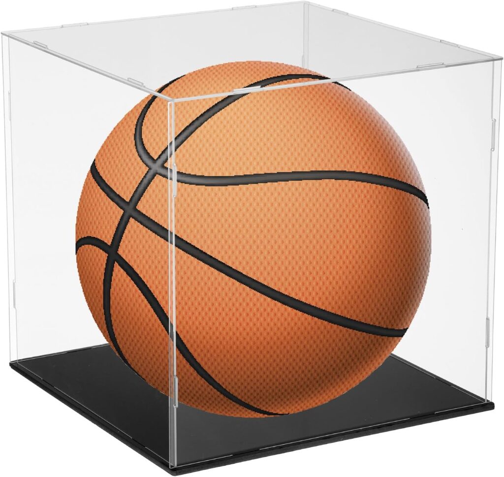 uxcell Basketball Display Case 12 Inch Clear Acrylic Display Case with Basketball Stand Holder Cube Countertop Storage Box for Autographed Soccer Memorabilia Collectibles