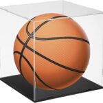 uxcell Basketball Display Case 12 Inch Clear Acrylic Display Case with Basketball Stand Holder Cube Countertop Storage Box for Autographed Soccer Memorabilia Collectibles