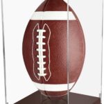 Football Display Case with Wooden Base, UV Protection Clear Acrylic Souvenir Display Box for Autographed Football, Memorabilia, Sports Collectibles, Vertical Brown