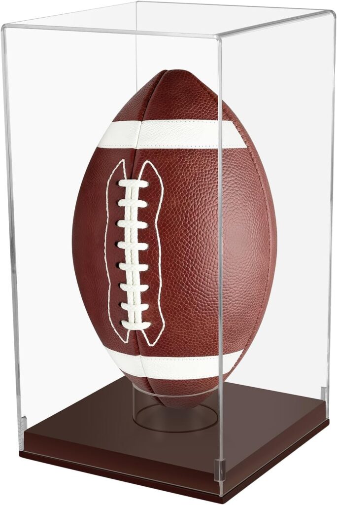 Football Display Case with Wooden Base, UV Protection Clear Acrylic Souvenir Display Box for Autographed Football, Memorabilia, Sports Collectibles, Vertical Brown