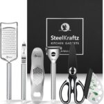 Kitchen Gadgets Kit – 6-in-1 Ergonomic, Stainless Steel Cutting Utensils – Cheese Grater, Herb Stripper, Garlic Crusher, Kitchen Scissors, I-Shaped and Y-Shaped Peeler