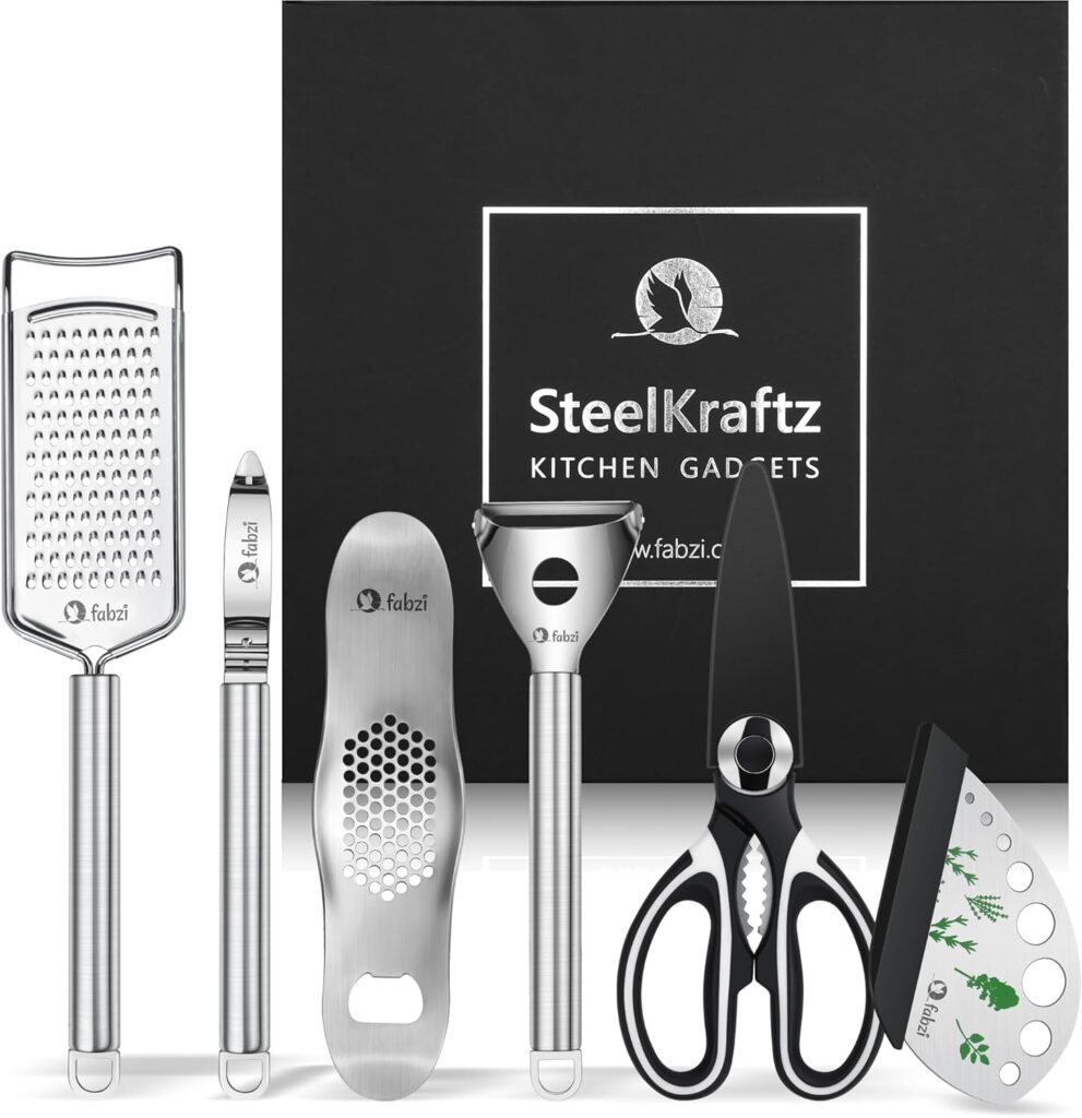 Kitchen Gadgets Kit – 6-in-1 Ergonomic, Stainless Steel Cutting Utensils – Cheese Grater, Herb Stripper, Garlic Crusher, Kitchen Scissors, I-Shaped and Y-Shaped Peeler