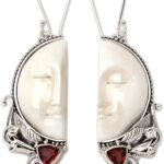 NOVICA Artisan Handcrafted Garnet and Bone Dangle Earrings – Sterling Silver Crescent Moon With French Wire