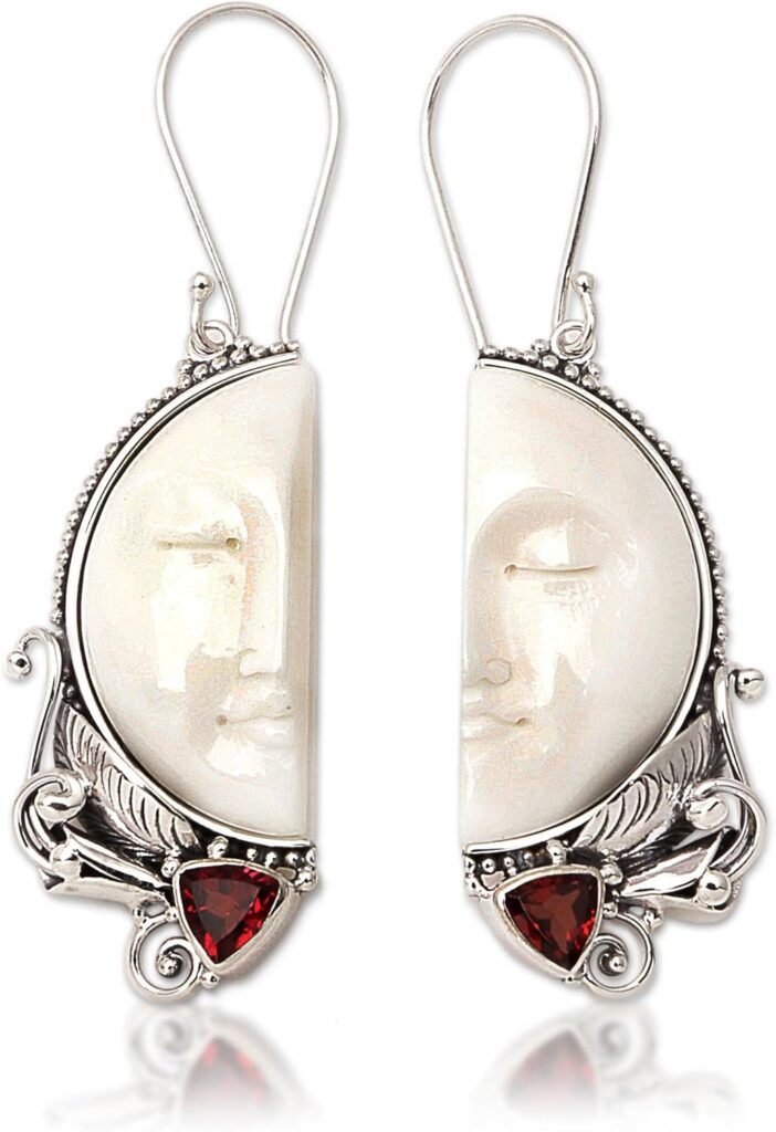 NOVICA Artisan Handcrafted Garnet and Bone Dangle Earrings – Sterling Silver Crescent Moon With French Wire