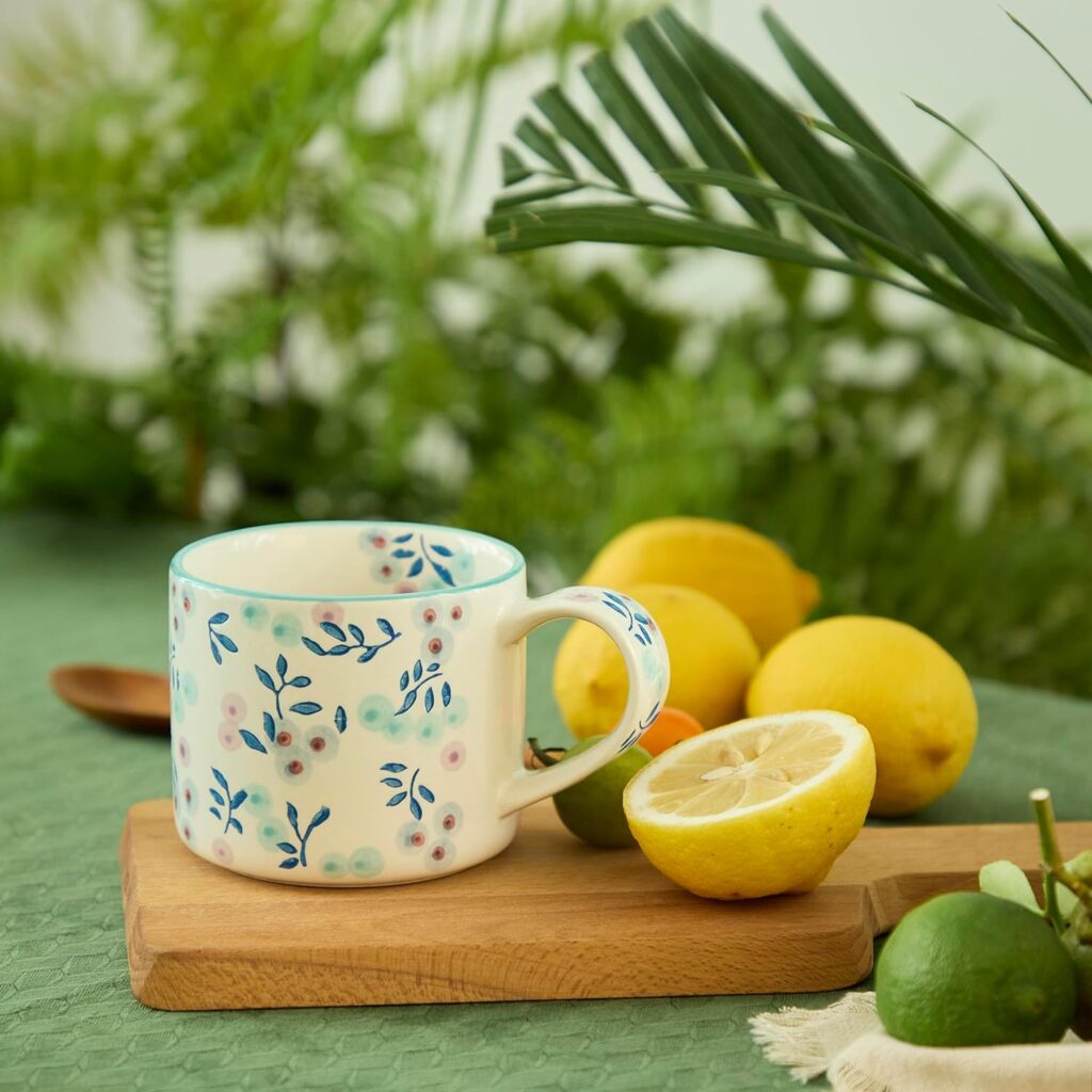 Artisanal Handcrafted Ceramic Coffee Mug – 12oz White Ceramic Tea Cup with Intricate Blue Purple Floral Design, Comfort Handle, Dishwasher Safe Traditional Mug for Home & Office Use