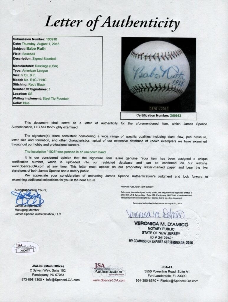 Stunning Babe Ruth Single Signed Autographed 1928 Baseball With JSA COA – Autographed Baseballs