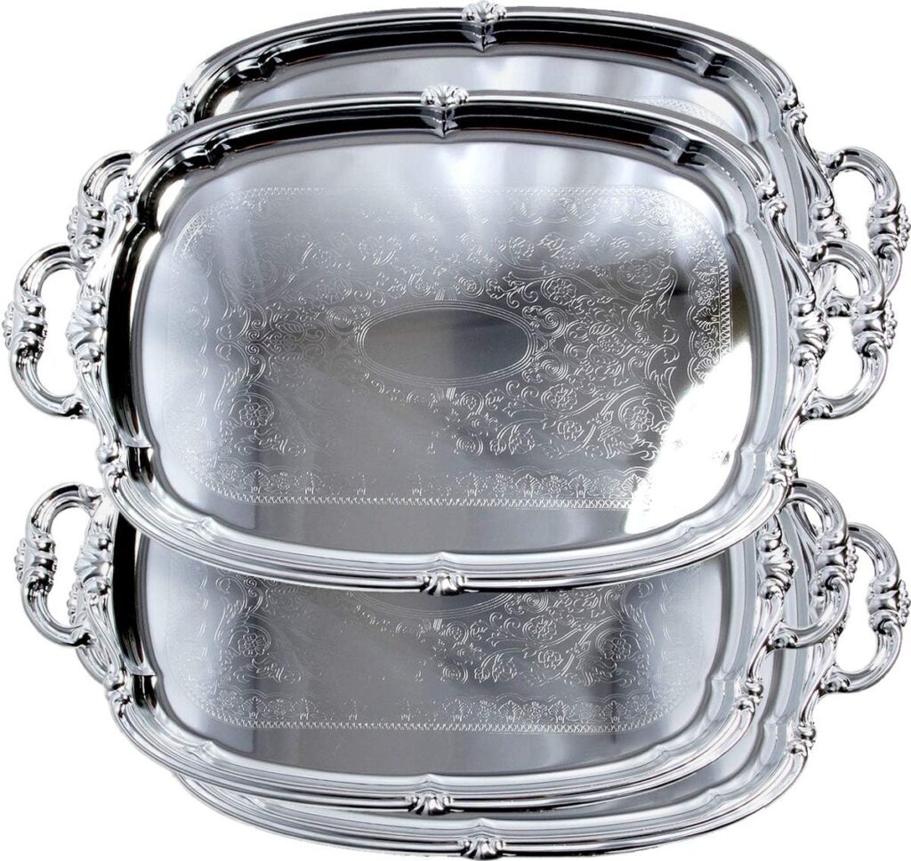 (Pack of 4) 21-Inch x 13.5-Inch Elegant Victoria Floral Engraved with Handle Serving Tray Silver Metal Plate Platter Food Decorative Buffet Wedding Party T166-4PK