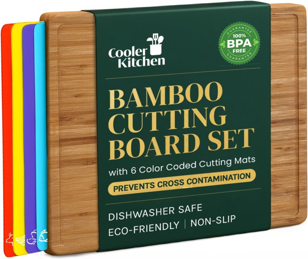 Bamboo Wood Cutting Board Set, Bamboo with 6 Color Coded Flexible Plastic Chopping Mats with Food Icons, Wooden Cutting Boards for Kitchen, Wooden Chopping Board Set Non Toxic Dishwasher Safe