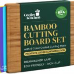 Bamboo Wood Cutting Board Set, Bamboo with 6 Color Coded Flexible Plastic Chopping Mats with Food Icons, Wooden Cutting Boards for Kitchen, Wooden Chopping Board Set Non Toxic Dishwasher Safe