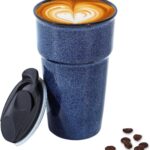 Vicrays Ceramic Travel Coffee Mug with Lid, Insulated Reusable Tall Cup, Portable Easy Carrying Coffee Mug for Car Cup Holders, Dishwasher Safe, 12oz, Reactive Glaze (Blue)