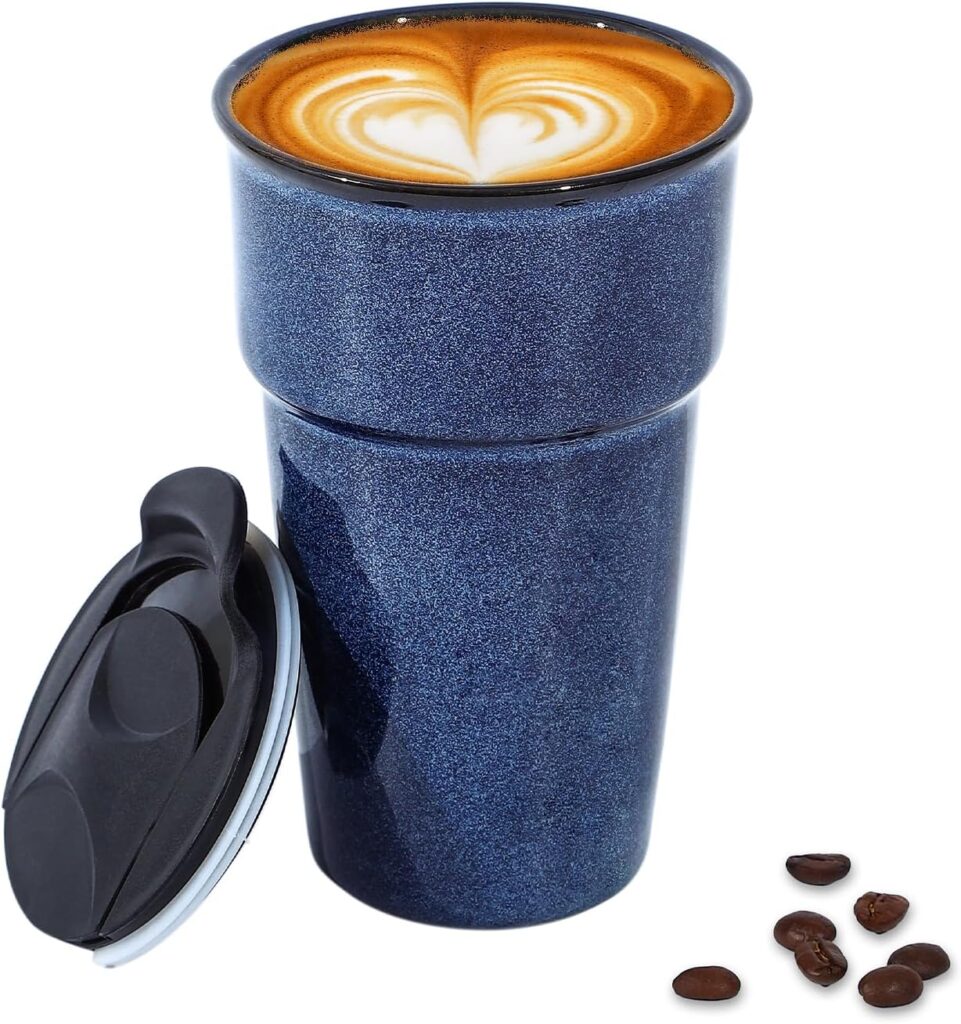 Vicrays Ceramic Travel Coffee Mug with Lid, Insulated Reusable Tall Cup, Portable Easy Carrying Coffee Mug for Car Cup Holders, Dishwasher Safe, 12oz, Reactive Glaze (Blue)