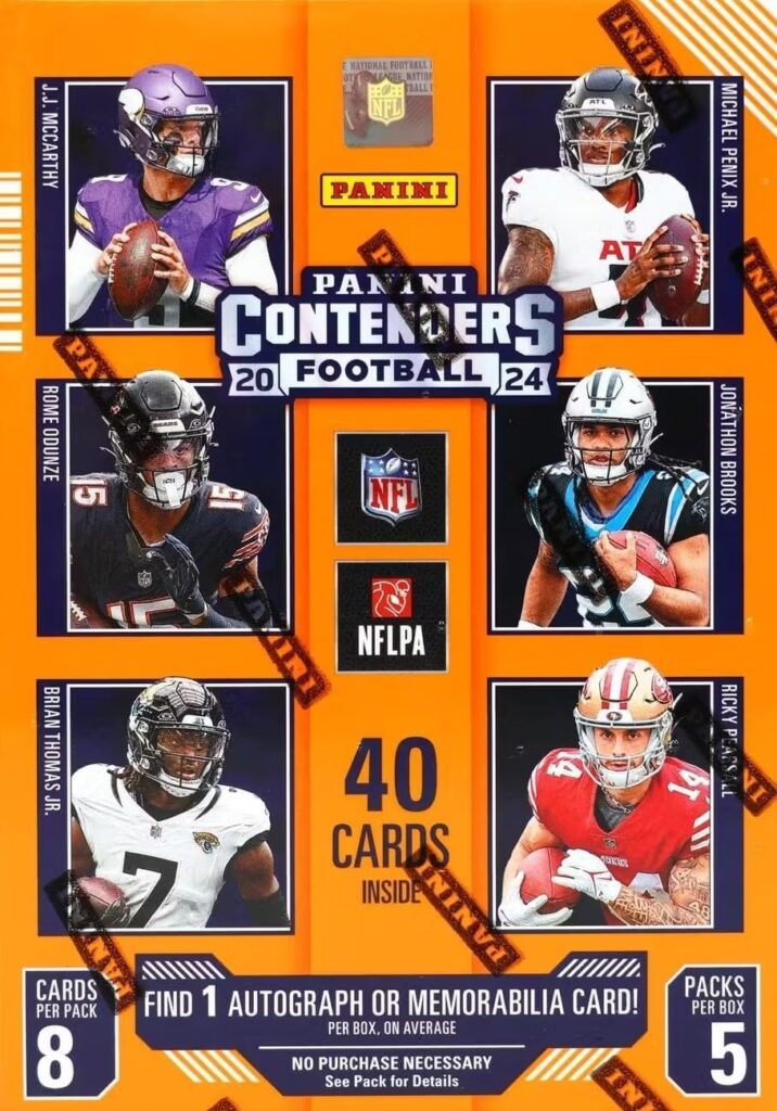 2024 Panini Contenders Football Series Factory Sealed Blaster Box with One Autograph or Rookie Ticket Memorabilia Swatch Plus Seven Inserts or Parallels Per Box Including Exclusive Blue Parallels