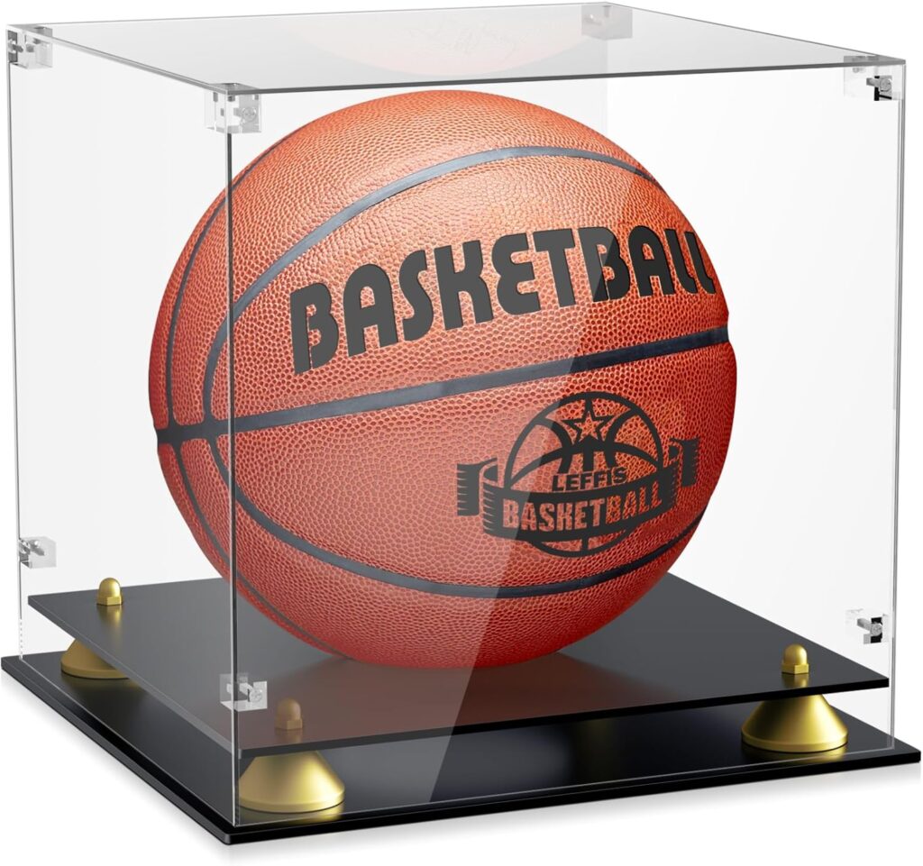 Leffis Basketball Display Case Acrylic Clear, UV Protected Basketball Stand Box Full Size with Double Layer Base, Soccer Display for Autographed Standard NBA WNBA Ball Memorabilia Keepsake