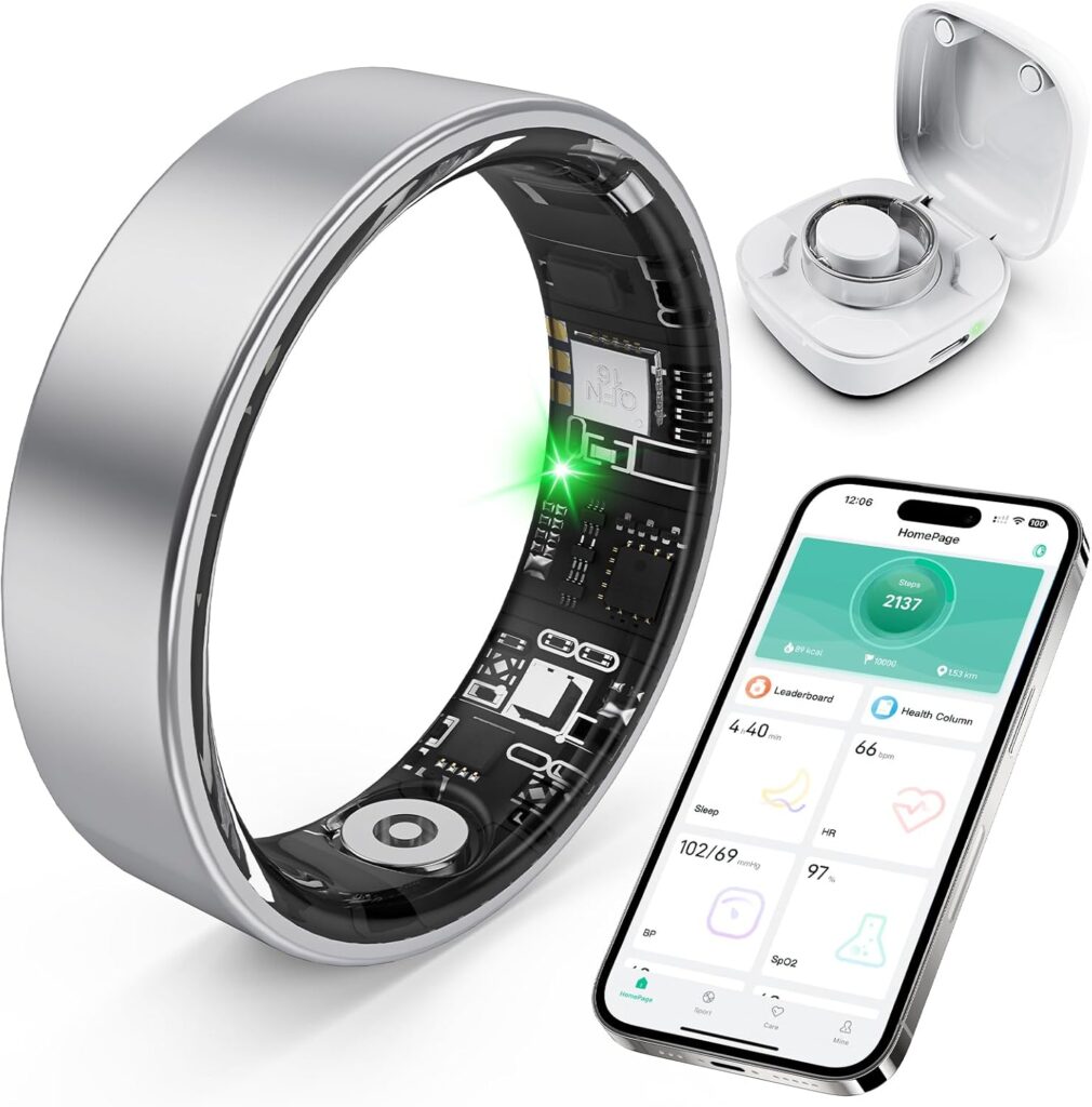Smart Ring with Sleep Monitoring, Step Counting, Heart Rate, Blood Oxygen for iPhone and Android, No Subscription Fee, IP68 Waterproof Health Tracker (Silver, 10)