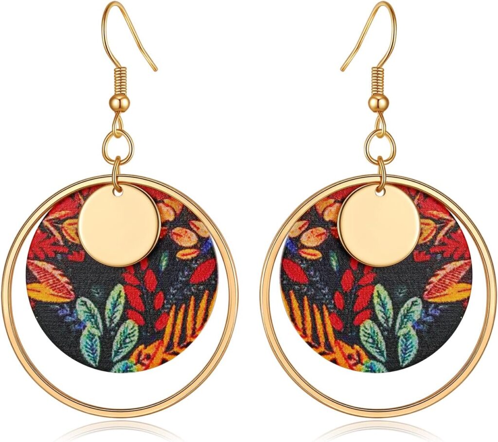 Floral Hoop Earrings for Women | 14K Gold Plated Bohemian Dangle Earrings | Hypoallergenic Handmade Disc Flower Jewelry Gift