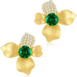LEONIDS 14K Gold Iris Flowers Earrings for Women | Moissanite or Lab-Grown Emerald Stud Earrings with Hairline Detailing Non Tarnish | 925 Sterling Silver Jewelry Gifts for Her Birthday