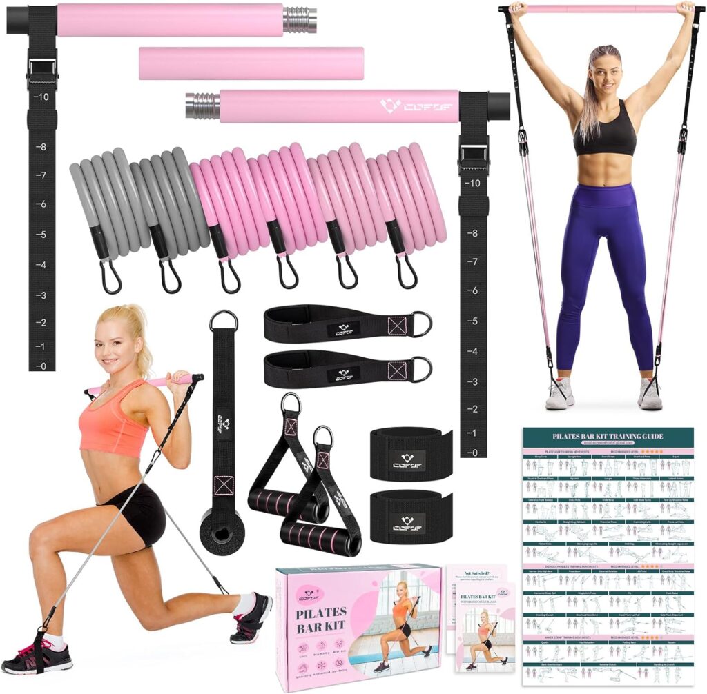 Pilates Bar Kit with Resistance Bands, Multifunctional Yoga Pilates Bar with Heavy-Duty Metal Adjustment Buckle, Portable Home Gym Pilates Resistance Bar Kit for Women Full Body Workouts