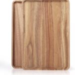 2 PCS Solid Acacia Wood Serving Trays 13 * 9 inch Rectangular Wooden Serving Platters Natural Wooden Boards for Bar Coffee Party（Wood Log Color）