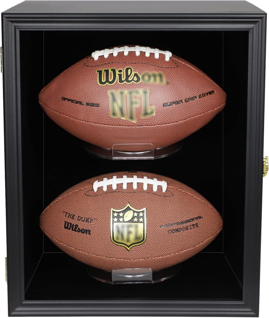 2 Football Display Case Wall Mount Lockable Clear View Full Size Anti Fade UV Protective Acrylic Door Wooden Signed Memorabilia Football Box Shelf Holder-Double Ball