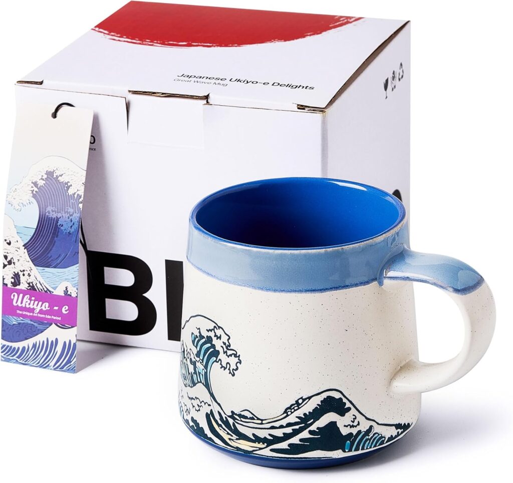 Handmade 15oz Japanese Ukiyo-e Large Ceramic Coffee Mug, Artistic Pottery Big Tea Cup for Office & Home, Microwave & Dishwasher Safe (Great Wave)